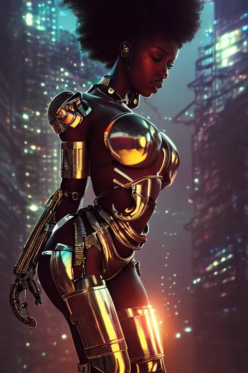 Image similar to ultra realistic, beautiful female african cyborg in a crowded smoky cyberpunk club in space megalopolis, sci - fi, intricate details, eerie, highly detailed, octane render, 8 k, art by artgerm and alphonse mucha and greg rutkowski