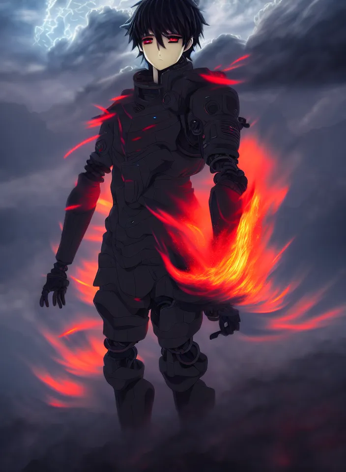 Prompt: a detailed manga illustration character full body portrait of a dark haired cyborg anime man surrounded by clouds of dark smoke and fire, trending on artstation, digital art, 4 k resolution, detailed, high quality, sharp focus, hq artwork, insane detail, concept art, character concept, character illustration, full body illustration, perfect anatomy, cinematic, volumetric lighting