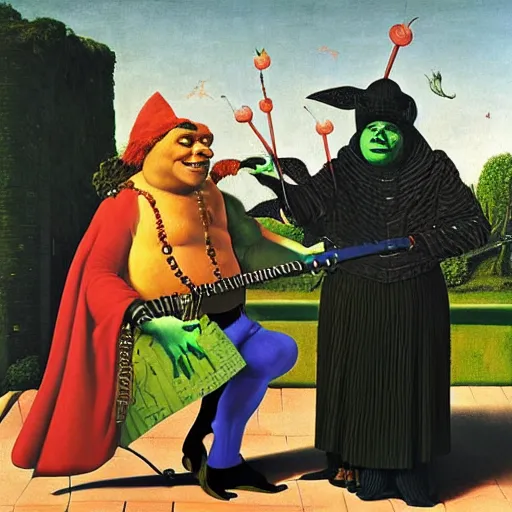 Prompt: Portrait of Jack Black dressed as Shrek, playing Electric Guitar, with beautiful exotic robot. Painting by Jan van Eyck, Audubon, Rene Magritte, Agnes Pelton, Max Ernst, Walton Ford