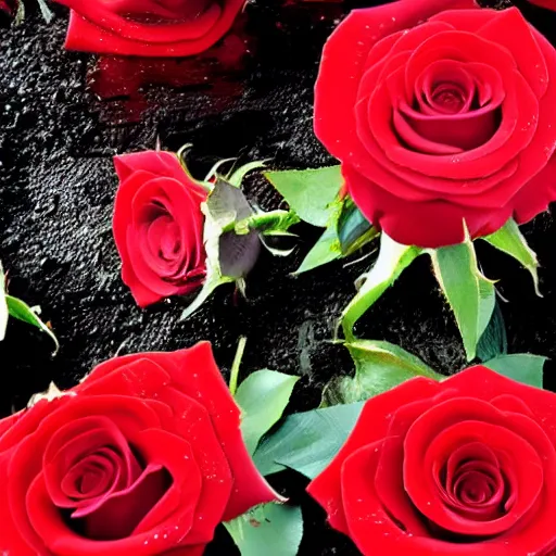 Image similar to red roses, laying in dark tar slime