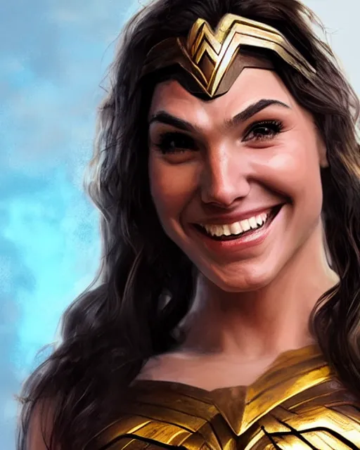 Image similar to cu portrait photo of a smiling gal gadot playfully sticking out her tongue while dressed as wonder woman, photorealistic, trending on artstation