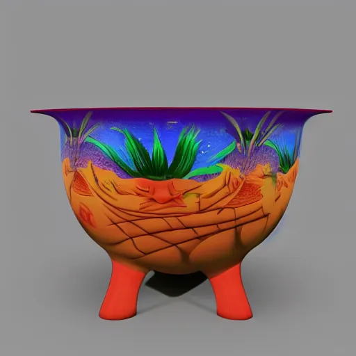 Image similar to flaming aquatic universe bongo bowl, by brom and rene magritte, rendered in maya, # macro