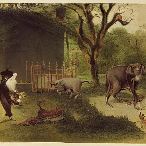 Prompt: an unexpected visitor to the zoo, color photograph in 1 8 3 2 new york