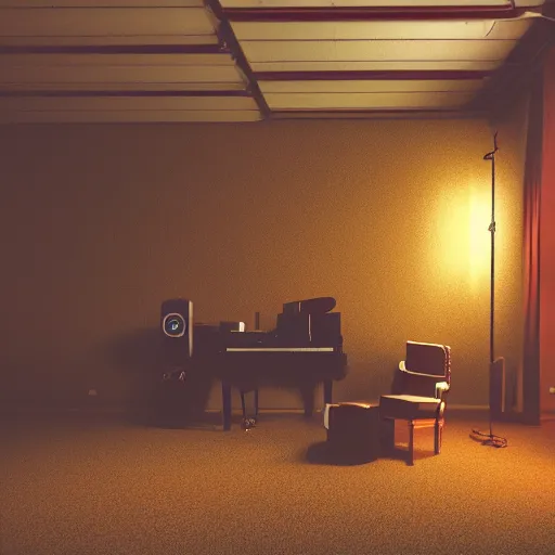 Image similar to dimly lit music studio, cigarette smoke haze, cinematic lighting, warm colors, shag carpet, 1970's