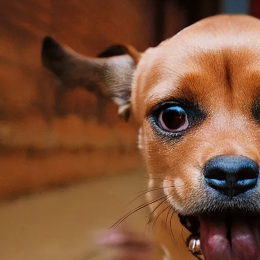 Image similar to closeup portrait of a small light brown furry dog with tongue licking its nose, natural light, sharp, detailed face, magazine, press, photo, Steve McCurry, David Lazar, Canon, Nikon, focus