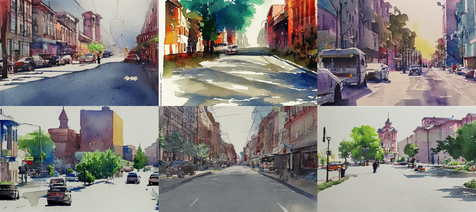 Prompt: !! watercolor!! omsk city road in summer day, artwork by tooth wu, colorful contrast,!! very coherent!!, dark shadow, thick lineart