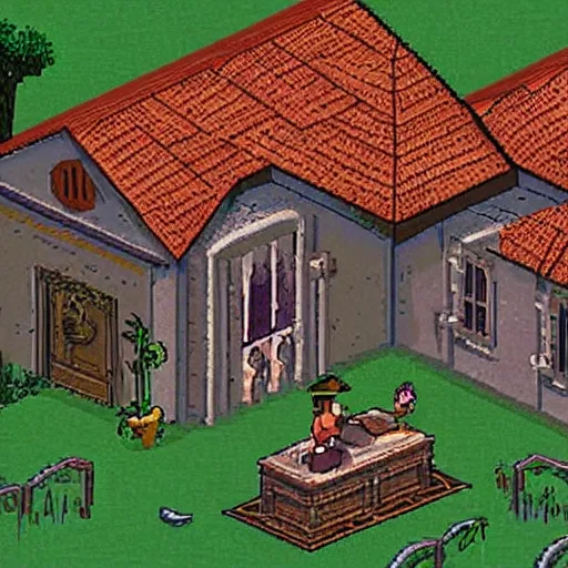 Prompt: a large house, from a point and click graphic adventure game made in 1995