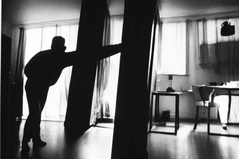 Prompt: backlit photograph of black box blasting weird energy into suburban living room, single silhouette figure, crisp focus, 3 5 mm ektachrome