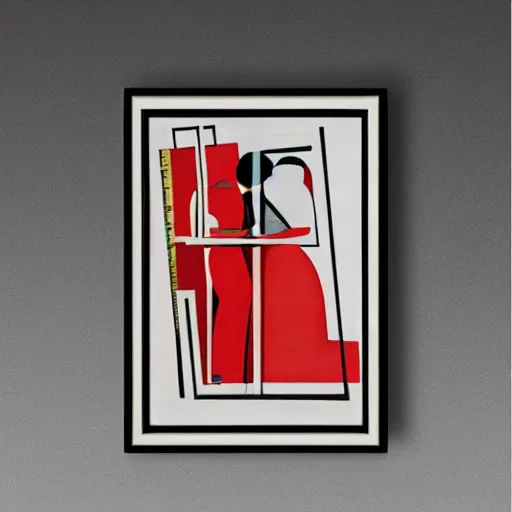 Image similar to two mechanical women kissing by el lissitzky, big tech corporate art style, memphis design, bauhaus