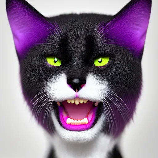 Prompt: purple batman cat with a lot of fur synth wave smiling ultra realistic photorealistic high quality highly detailed 8 k