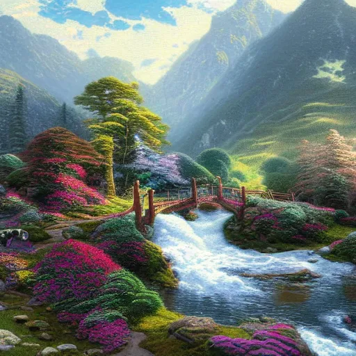 Prompt: A large picturesque mountain with a river flowing between them by Thomas Kinkade