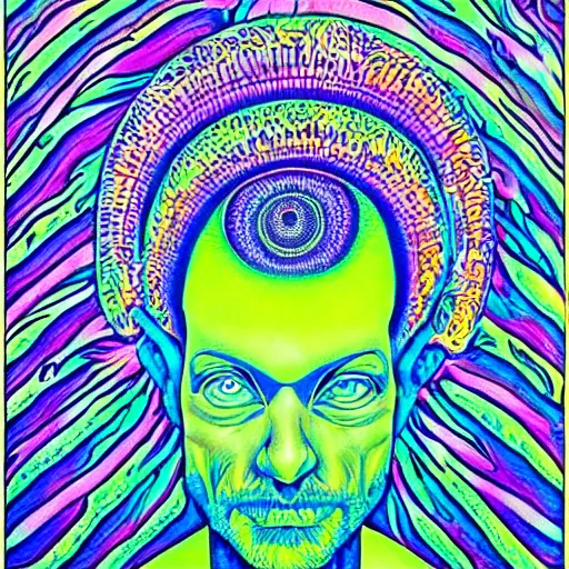 Image similar to Terence McKenna reincarnated as a magic mushroom. in style of Alex Grey, highly detailed, blacklight poster