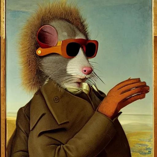 Prompt: an anthropomorphic rat, by richard dadd, cinematic lighting, smoking a big cigar, wearing sunglasses, wearing a fur coat