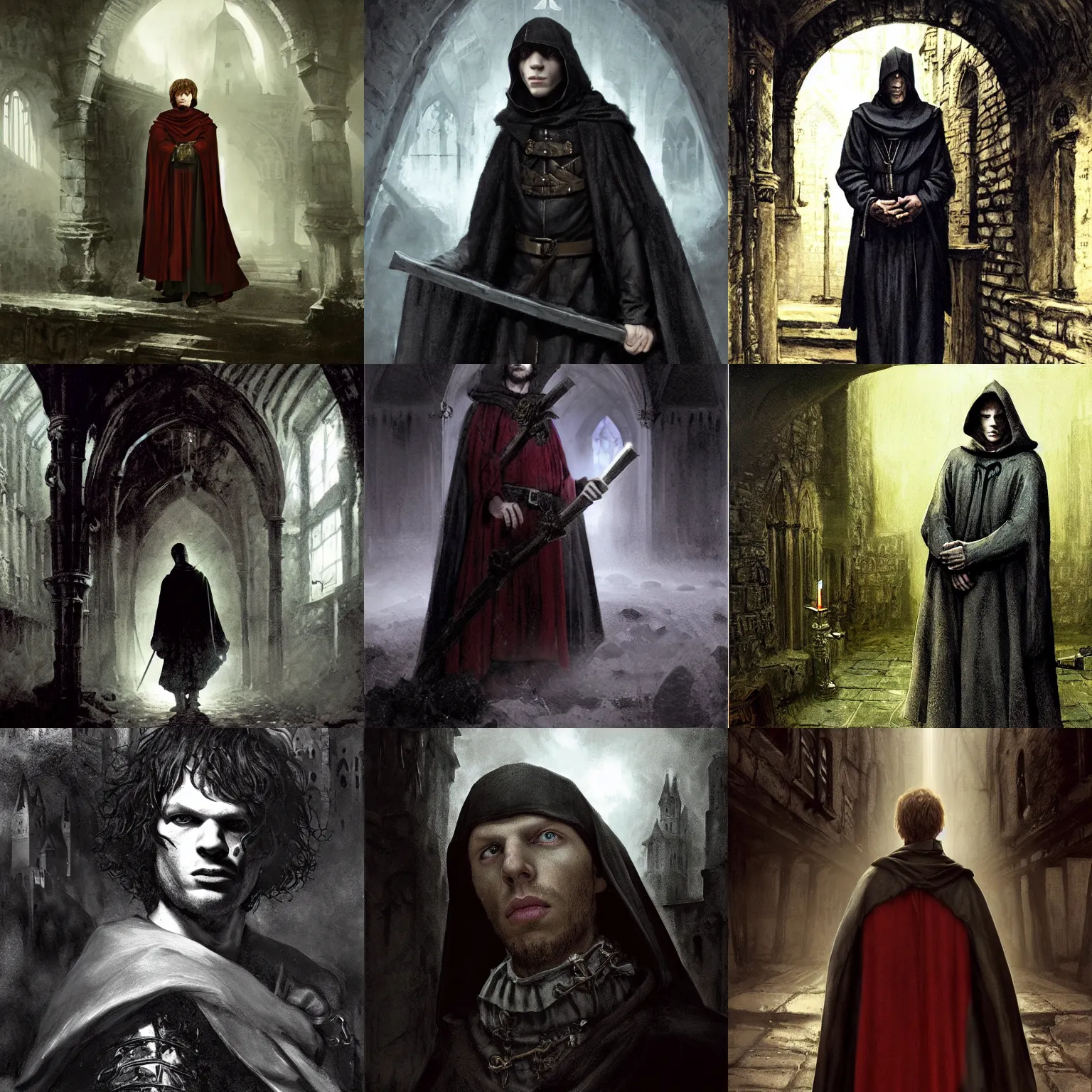 Prompt: jesse eisenberg as an enigmatic medieval christian ( ( monk ) ) in a dark underground city. dark shadows, colorful, law contrasts, ( ( ( ambient occlusion ) ) ) fantasy portrait by jakub rozalski, jan matejko, and j. dickenson