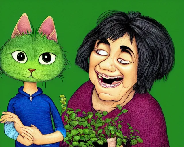 Image similar to detailed cartoon portrait of an old lady and her plant cat, pixar, sharp high quality