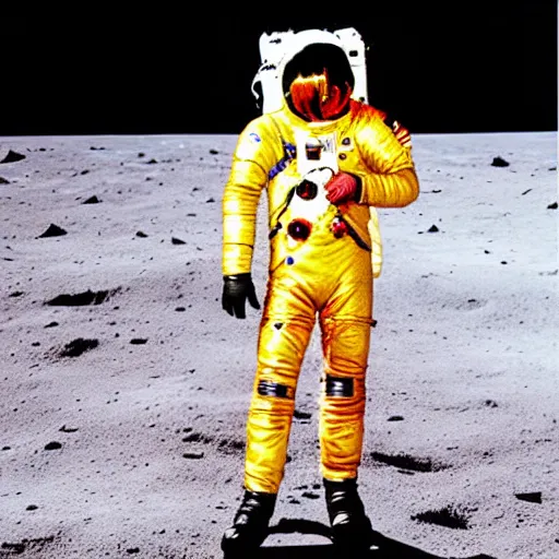 Image similar to color photography of Freddy mercury singing on the moon, iconic yellow jacket