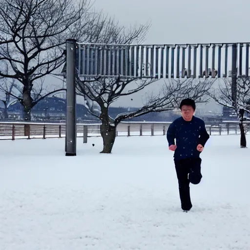 Prompt: enoden running in the snow near shonan kaigan koen station, throwback,