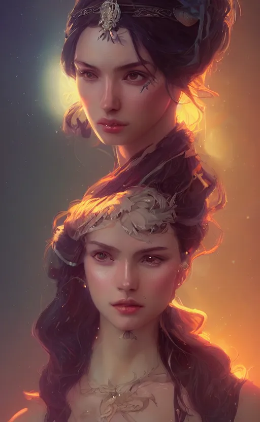 Image similar to Portrait of a beautiful magic woman, character design, fantasy, intricate, cinematic lighting, highly detailed, digital painting, artstation, concept art, smooth, sharp focus, illustration, art by WLOP and Ross Tran