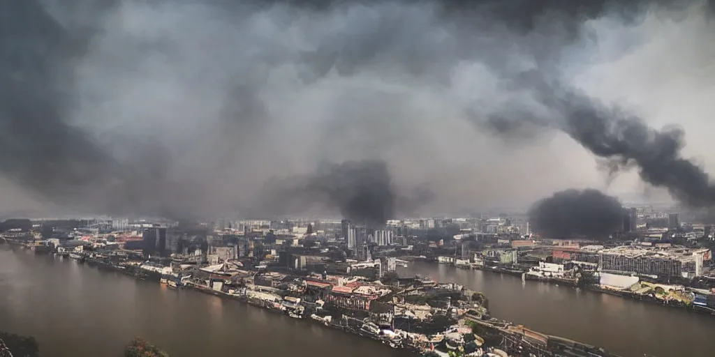 Prompt: extremely beautiful day time photograph of smoke clouds in the style of cai guo - qiang, muted soft colors, chinese paintings, colored smoke clouds, river and city, the sky is gray, landscape, chinese artist cai guo qiang, explosion, explosive, art, fine art, hd, very very beautiful