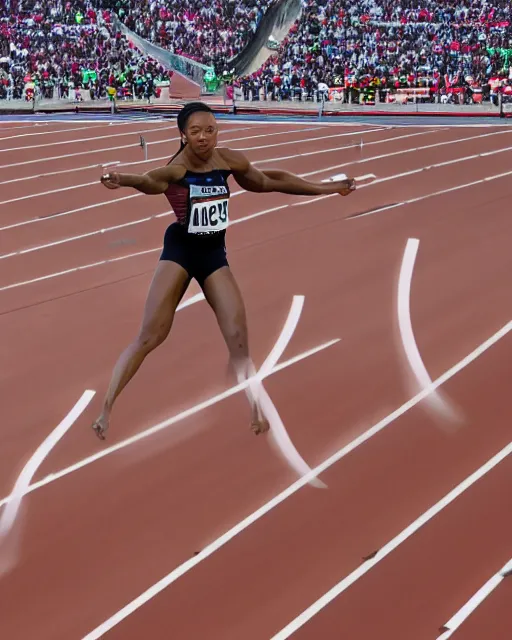 Image similar to allyson felix, crouching at the 2 0 0 - meter starting line, hyperreal, sports photography in the style of neil leifer