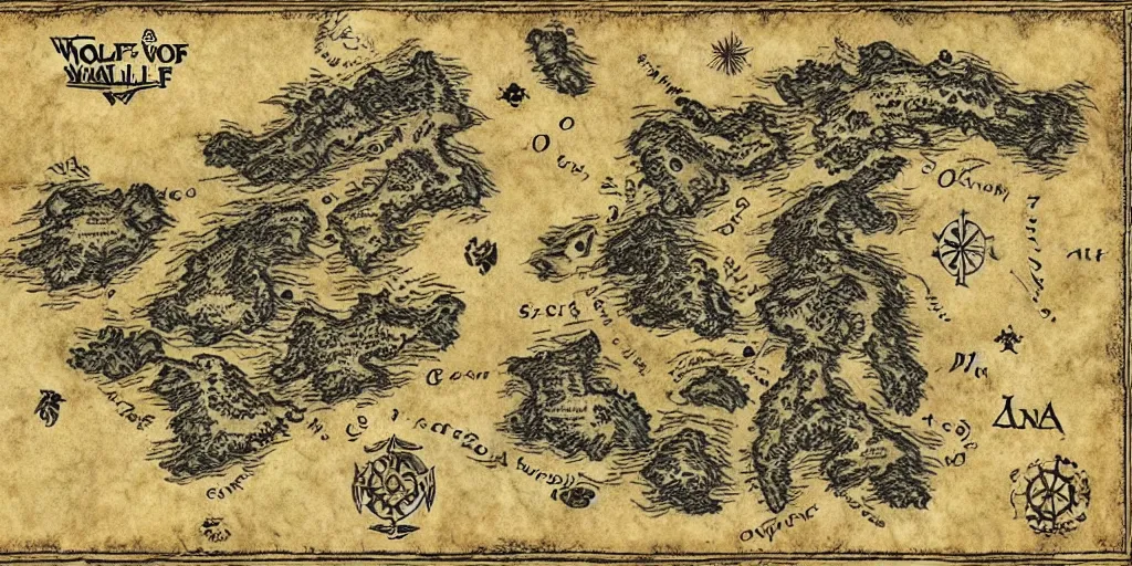 Image similar to Map of the realm of the wolf crew. a continent in the shape of a wolf's face. Ancient magic, medieval fantasy map, mountains, islands, forests. Map-style Skyrim, Lord of the rings map, zelda breath of the wild map, video game style, drawing on a parchment