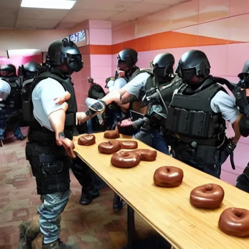 Prompt: swat team fighting each for delicious donuts.