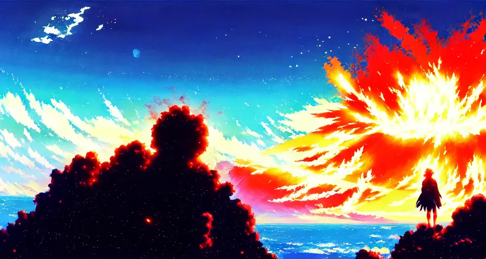 Image similar to a nuclear bomb mid - detonation above the ocean trending pixiv fanbox, acrylic palette knife, style of makoto shinkai takashi takeuchi yoshiyuki sadamoto greg rutkowski chiho aoshima