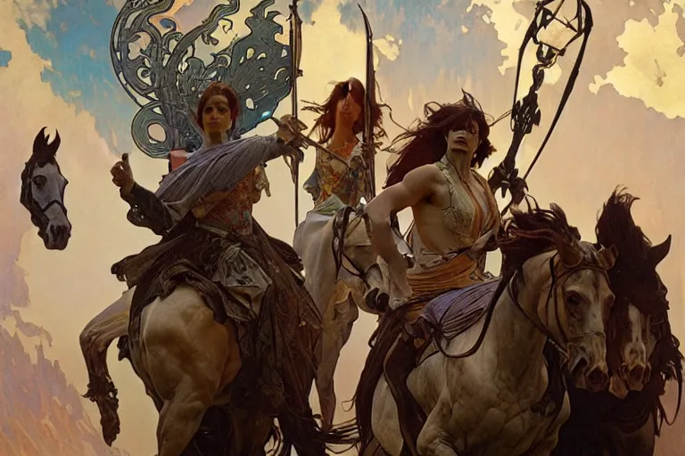 Image similar to the four horsemen of the apocalypse, painting by greg rutkowski and alphonse mucha