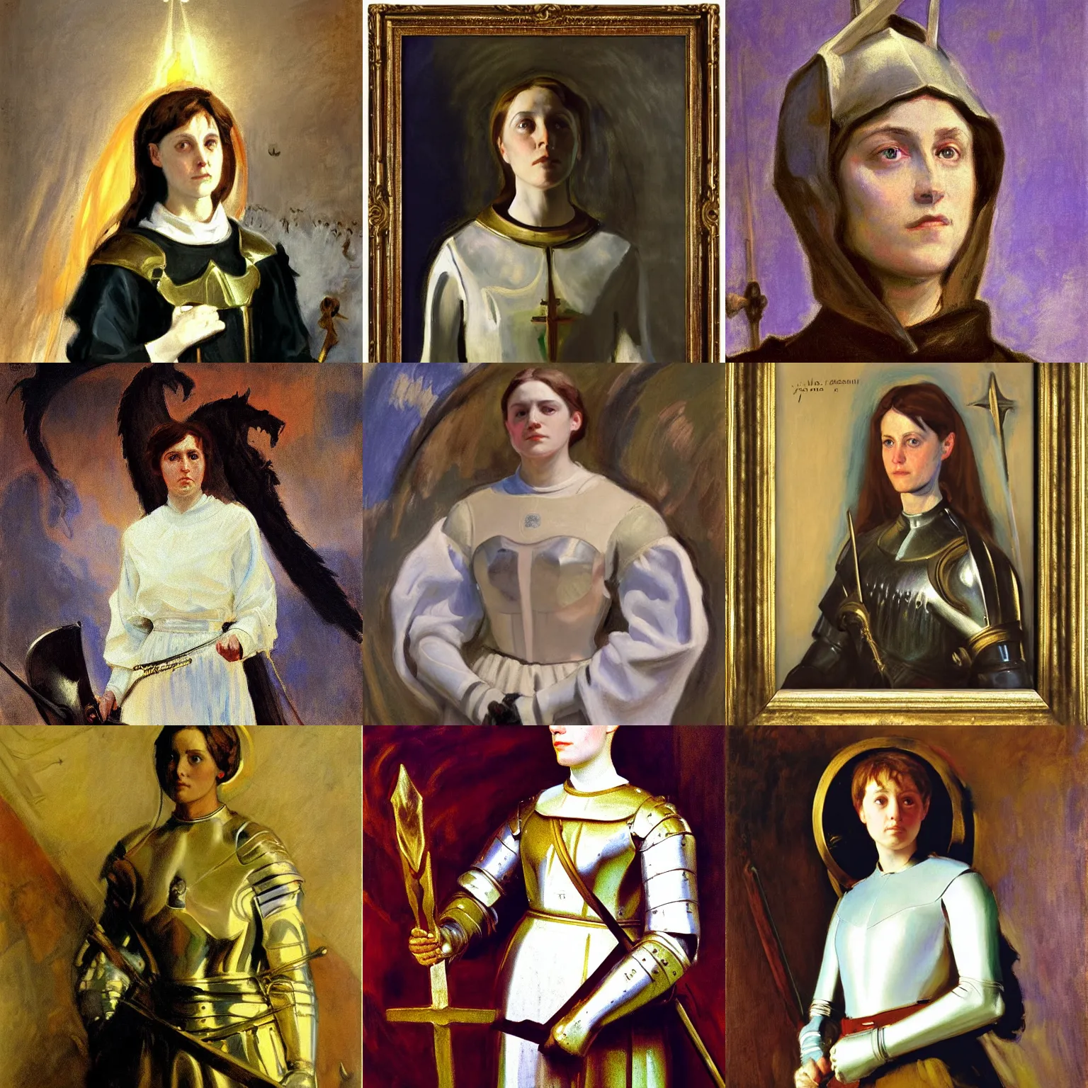 Prompt: joan of arc, portrait, john singer sargent, oil on canvas