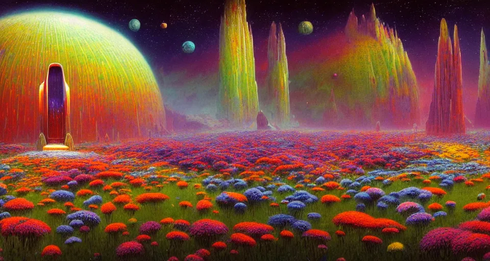 Image similar to a beautiful up close view of a 3 d mystical alien shrine in a field of multicolored colored flowers, underneath a star filled night sky, harold newton, zdzislaw beksinski, donato giancola, warm coloured, gigantic pillars and flowers, maschinen krieger, beeple, star trek, star wars, ilm, atmospheric perspective