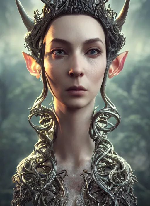 Image similar to stunning biomechanical impish elven incredible hair, masterpiece crystalline incrustations, hyperdetailed face, elegant pose, movie still, intricate, octane render, cinematic forest lighting, cgsociety, unreal engine, crepuscular rays, god rays