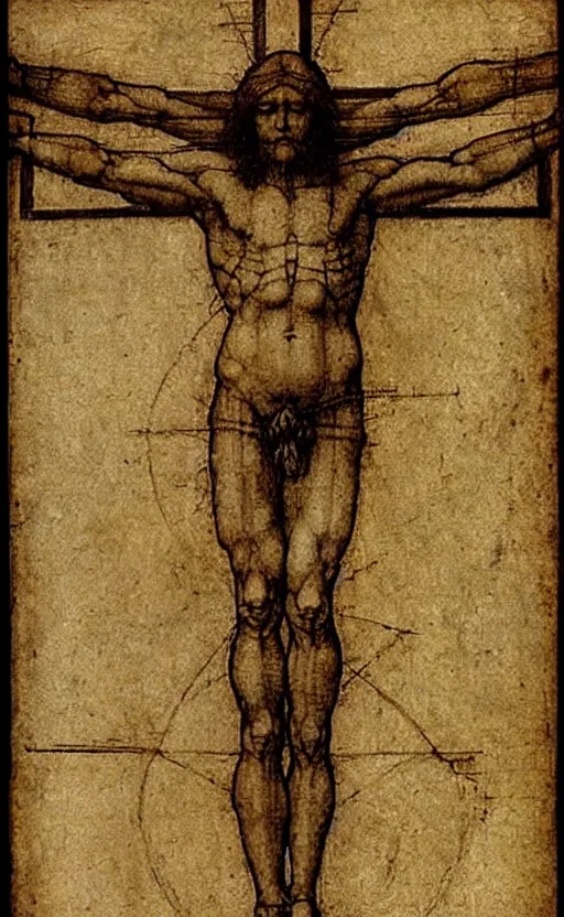 Prompt: Leonardo da Vinci\'s Vitruvian Man crucified on a cross