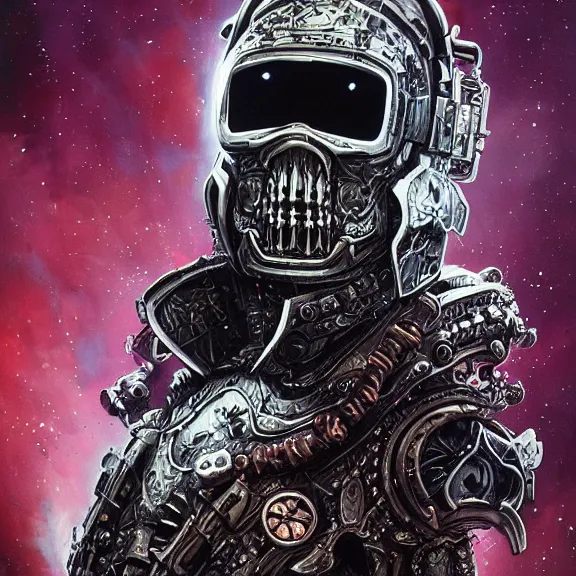 Image similar to a highly detailed undead space pirate portrait of an interstellar criminal radiating a dark unholy aura, an evil cosmic punisher, ornate black futuristic gothic armor, intricate broken space helmet, VR iridium visor, 8k, by Tristan eaton, Stanley Artgermm, Tom Bagshaw, Greg Rutkowski, Carne Griffiths, Ayami Kojima, Beksinski, Giger, trending on DeviantArt, face enhance, hyper detailed, minimalist, cybernetic, android, blade runner, full of colour,