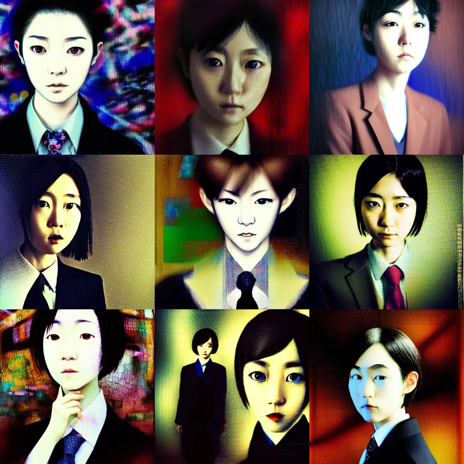 Prompt: yoshitaka amano blurred and dreamy realistic three quarter angle portrait of a young woman with short hair and black eyes wearing office suit with tie, junji ito abstract patterns in the background, shadows from camera flashlight, satoshi kon anime, noisy film grain effect, highly detailed, renaissance oil painting, weird portrait angle, blurred lost edges