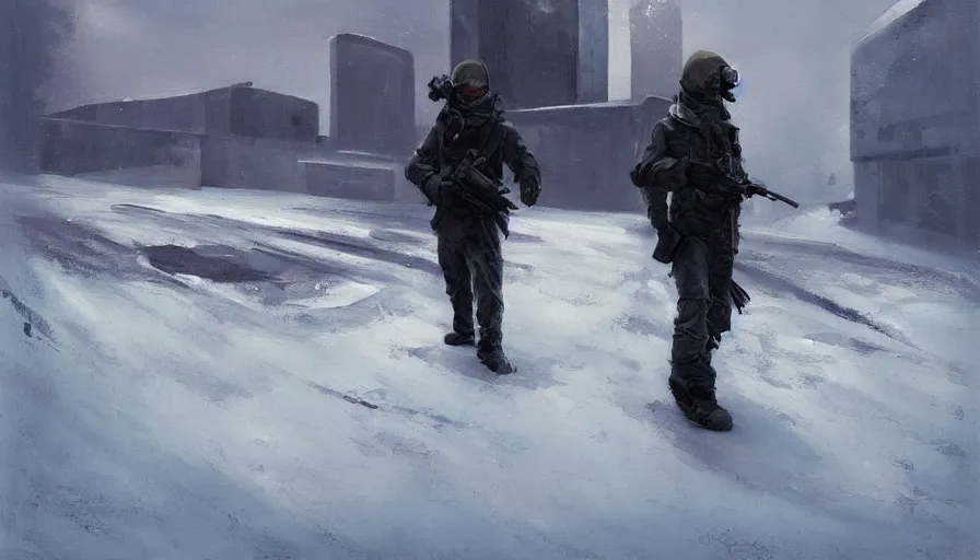 Image similar to a beautiful painting in the style of sergey kolesov of a snowy landscape overlooked by a handsome man in tactical gear fit for a spy, overseeing a large brutalist facility in the distance, award winning art