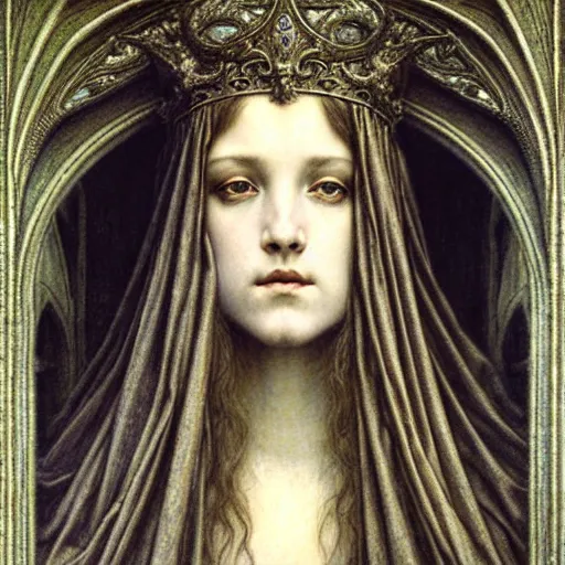 Image similar to detailed realistic beautiful young medieval queen face portrait by jean delville, gustave dore and marco mazzoni, art nouveau, symbolist, visionary, gothic, pre - raphaelite. horizontal symmetry