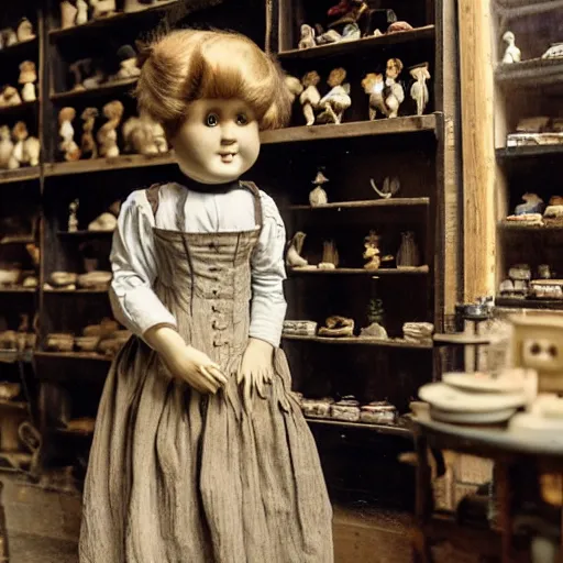 Prompt: human child standing in a victorian doll maker's shop looking at all of the dolls, 8 k, soft lighting, highly detailed realistic, face in focus 1 8 9 0's