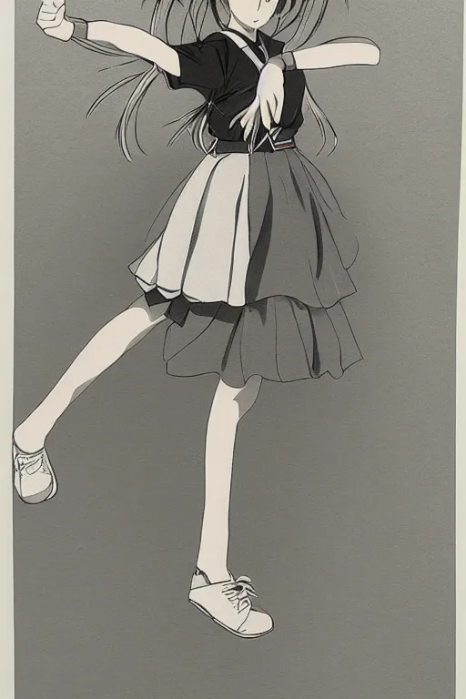 Image similar to A japanese manga high school girl, full body, high detail portrait, jump, hakusensha