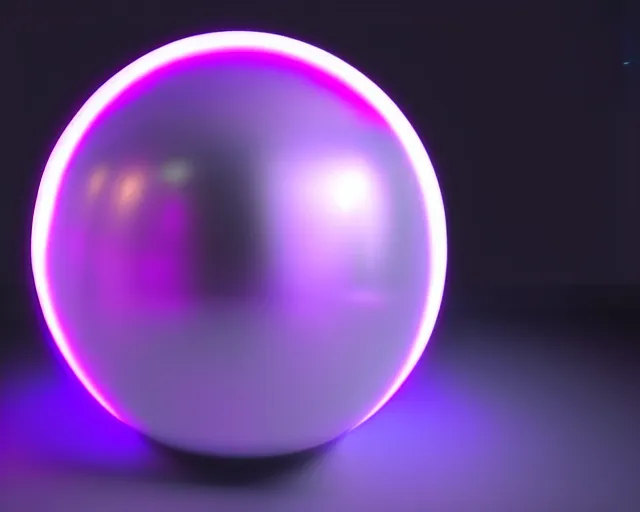 Image similar to a neon purple glow underneath a dark grey metallic reflective sphere, volumetric lighting subsurface scattering raytracing, 4 k hyperrealengine, global illumination