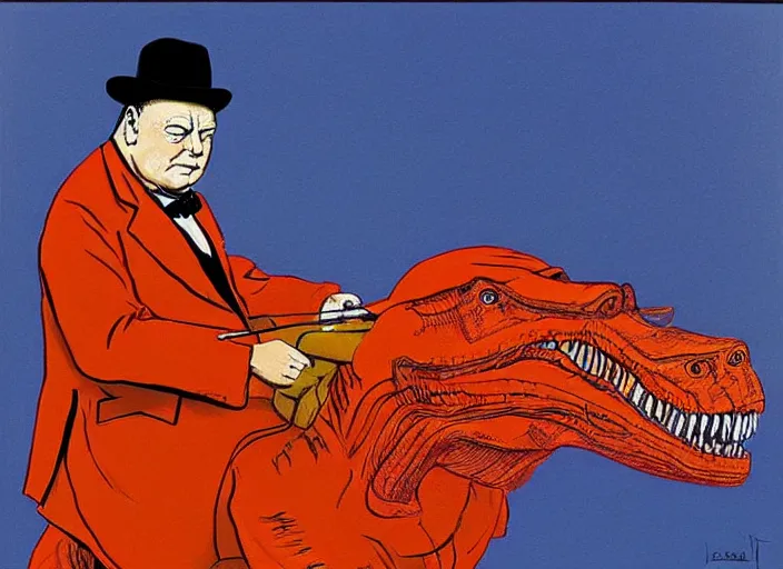 Image similar to Winston Churchill riding a T-Rex, painting by Jean Giraud and René Magritte and Gary Panter
