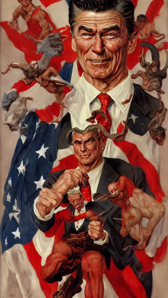 Image similar to ronald regan dressed as satan, painting in the style of norman rockwell, 1 9 5 0 s, evil, hyperrealistic, photorealistic, award - winning, 4 k, ultra hd, artstation, intricate, highly detailed, patriotic, american, usa, dark, gritty