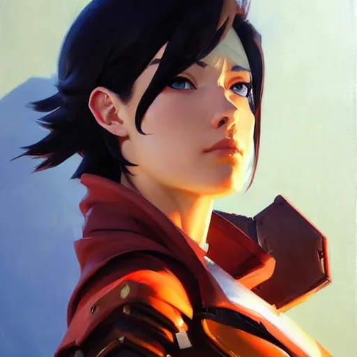 Image similar to Greg Manchess portrait painting of Mikasa Ackermann as Overwatch character, medium shot, asymmetrical, profile picture, Organic Painting, sunny day, Matte Painting, bold shapes, hard edges, street art, trending on artstation, by Huang Guangjian and Gil Elvgren and Sachin Teng