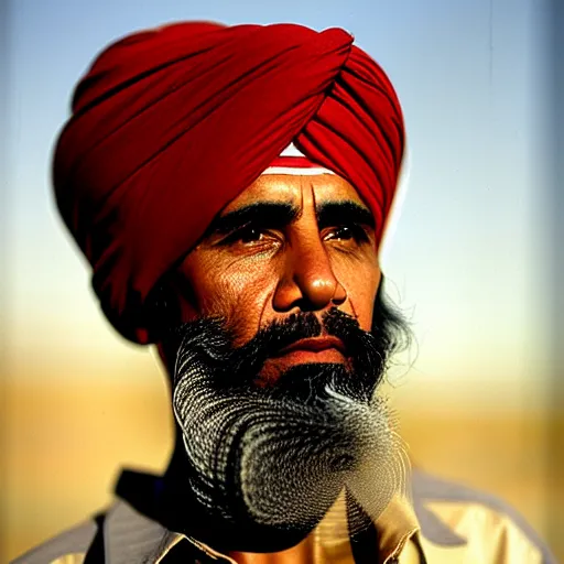 Image similar to portrait of president barack obama as afghan man, green eyes and red turban looking intently, photograph by steve mccurry