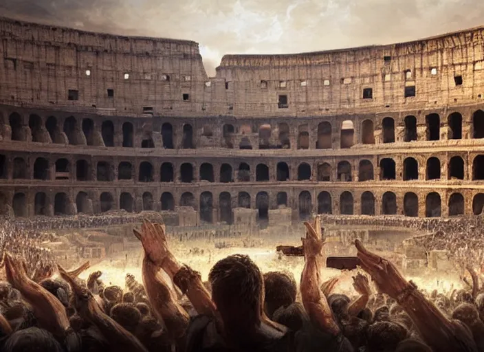 Image similar to Colosseum interior in the 100AD with two fighters in the middle and crowds cheering in kindah,digital art,realistic,detailed,art by greg rutkowski