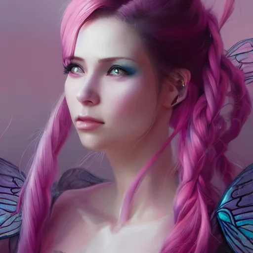 Prompt: portrait of female with pink hair, fairy wings, intricate, highly detailed, digital painting, artstation, concept art, smooth, sharp focus, illustration, unreal engine 5, 8 k, art by artgerm and greg rutkowski - n 9