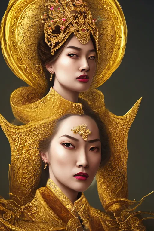 Image similar to a beautiful empress portrait, with a brilliant, impossible striking shiny big gold headpiece, gold clothes, rococo, baroque, jewels, asian, realistic, closeup, D&D, fantasy, intricate, elegant, highly detailed, digital painting, artstation, octane render, studio lighting, 8k, concept art, matte, sharp focus, illustration, art by Artgerm and Greg Rutkowski and Alphonse Mucha