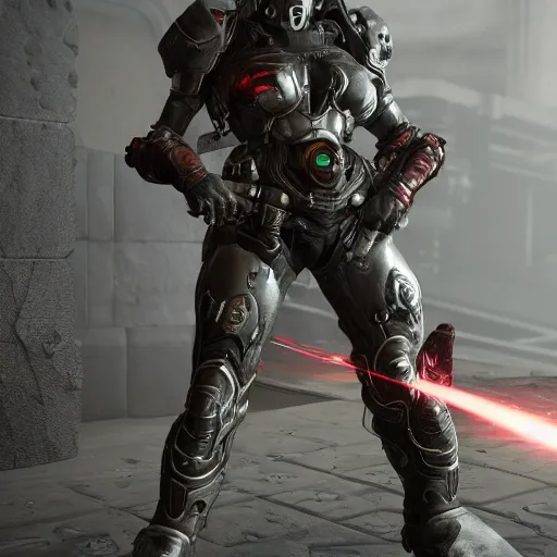 Image similar to female doom slayer extreme details epic dramatic realistic unreal engine render