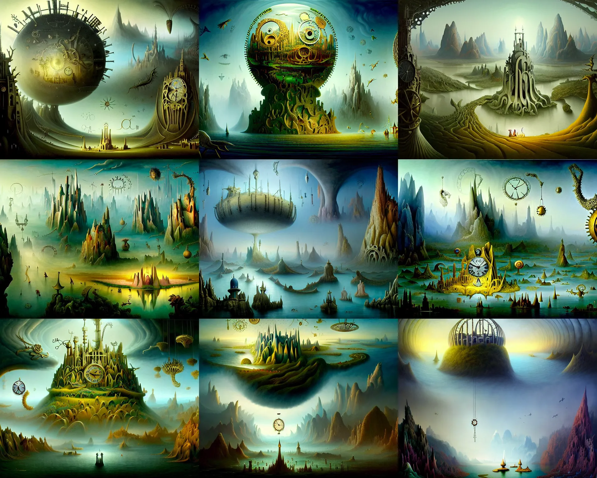 Prompt: a beguiling epic stunning beautiful and insanely detailed matte painting of dream worlds, the land of clocks and gears at the end of time with surreal architecture designed by Heironymous Bosch, with mega structures inspired by Heironymous Bosch's Garden of Earthly Delights, vast surreal landscape and horizon by Asher Durand and Cyril Rolando and Natalie Shau, masterpiece!!!, grand!, imaginative!!!, whimsical!!, epic scale, intricate details, sense of awe, elite, wonder, insanely complex, masterful composition!!!, sharp focus, fantasy realism, dramatic lighting