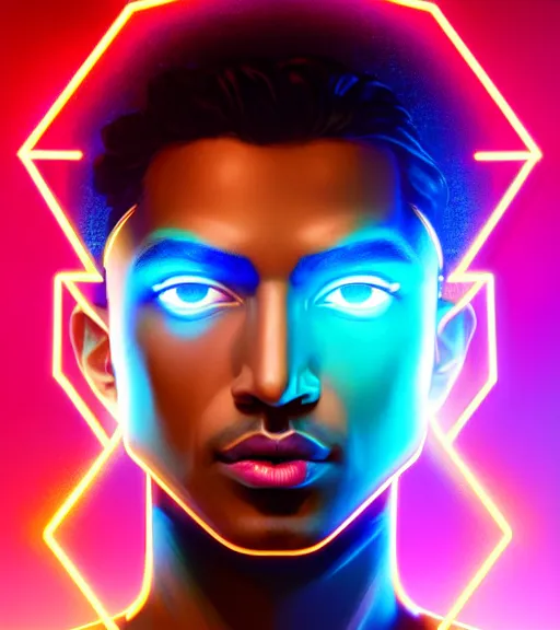 Image similar to symmetry!! egyptian prince of technology, solid cube of light, hard edges, product render retro - futuristic poster scifi, lasers and neon circuits, brown skin man egyptian prince, intricate, elegant, highly detailed, digital painting, artstation, concept art, smooth, sharp focus, illustration, dreamlike, art by artgerm