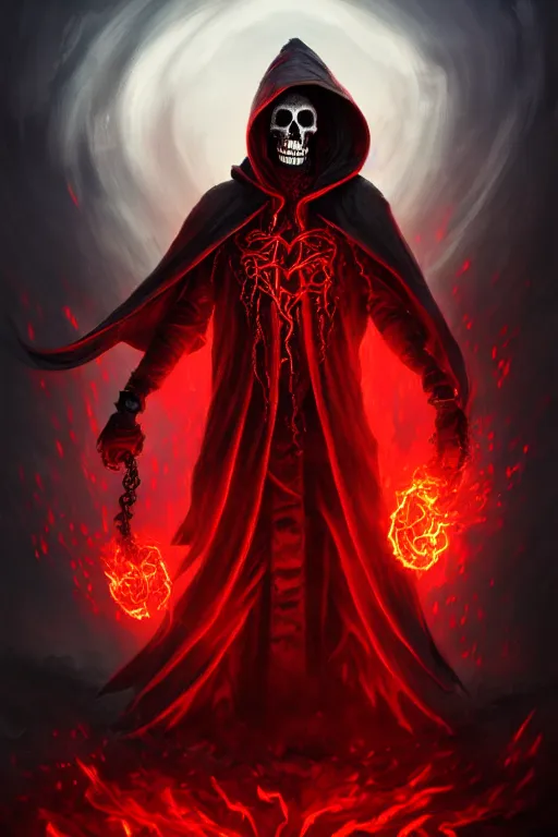 Image similar to A full body portrait of a mysterious character with a flaming skull with a very long hooded blood red and black cloak, tentacles coming out the ground art by James Paick, and Shaddy Safadi, ominous, cosmic horror, trending on artstation, Ultra detailed, hyper realistic 4k